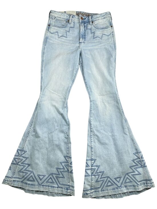 Wrangler Denim - Wrangler Flare Jeans Size 29 x 34 Light Wash Blue Geometric Embroidery Retro
